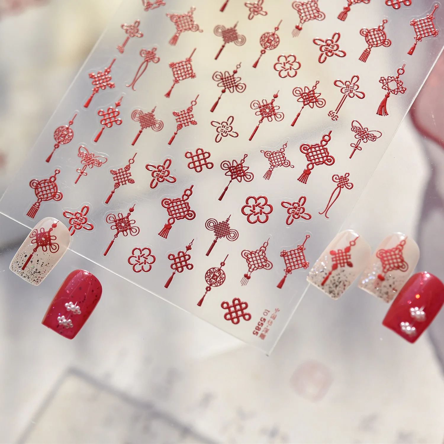 

Red Chinese Knot Tassel Fancy Pattern Chinese New Year Lion Dance Good Luck Firecracker Firework Nail Art Sticker Manicure Decal