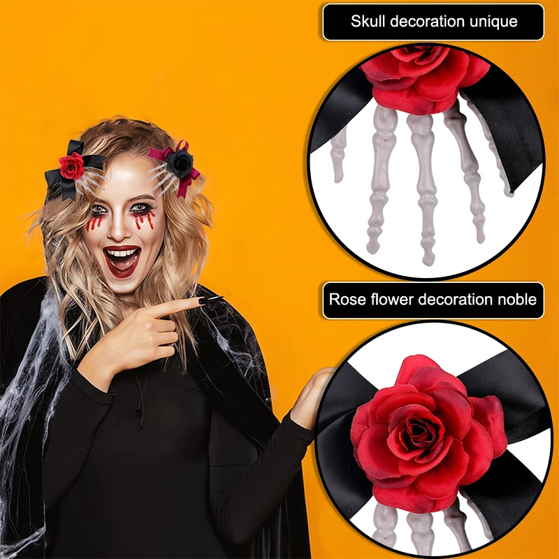 2pcs Halloween Skeleton Hand Skeleton Hairpin Ghost Festival Beautiful Horror Rose Bow Ghost Hand Side Clip