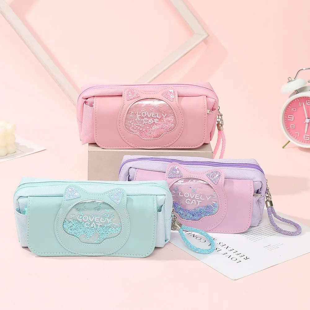 Koreanischen Stil Leinwand Katze Stift Tasche Kreative Drei-Schicht Federmäppchen für Mädchen Studenten Nette Sandcat Schreibwaren Tasche
