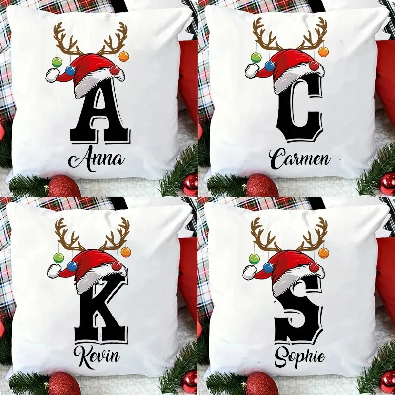 Personalised Christmas Pillow Case Initial with Name Cushion Cover Xmas Party Decor Home Pillowcase Xmas Gift for Family Friends