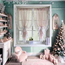 Korean Romantic Pink Striped Flower Lace Sheer Curtain with White Ruffled Lace Rod Pocket For Living Room Bedroom Kitchen