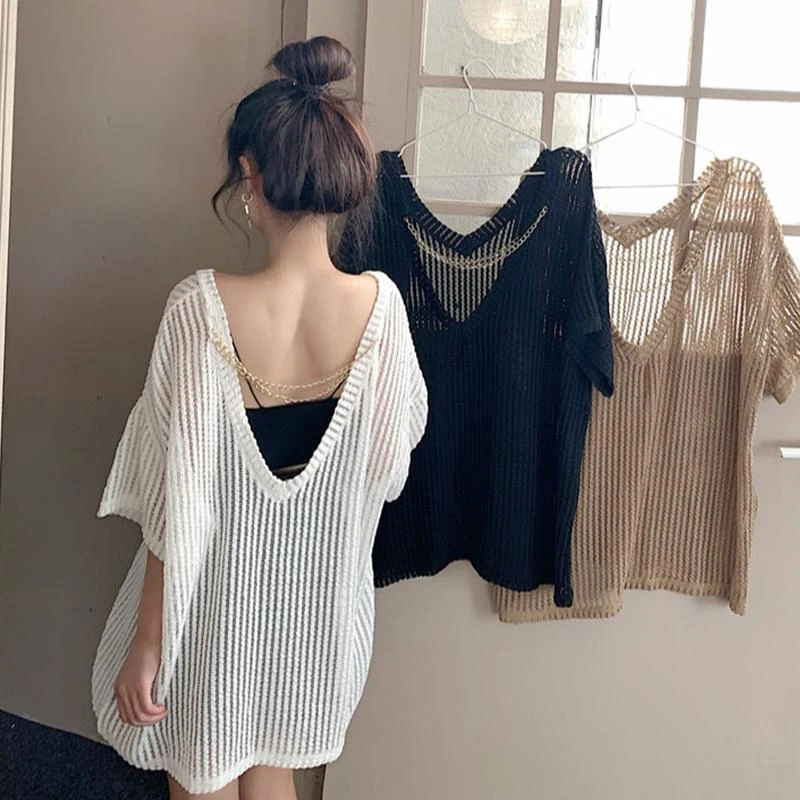 

plus Size 300 Pou Summer Sexy Hollow out Bal ort Sve T-irt Women Loose mid Length Top Korean Sle V Ne
