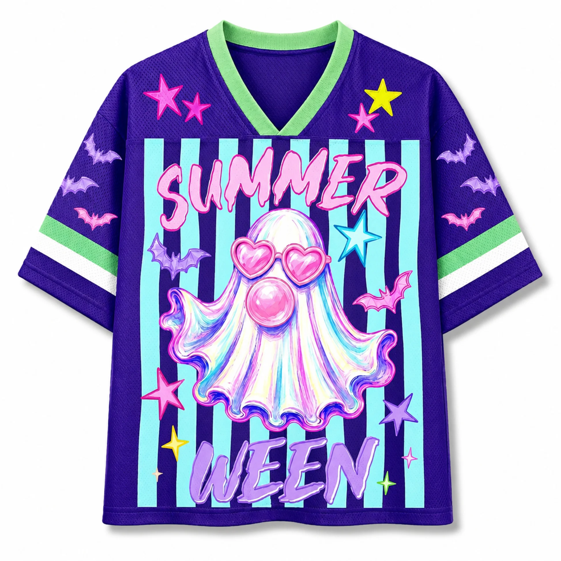 Y2K Dopamine 3D Printed Cartoon Ghost Niche Mesh V-neck T-shirt, Star Bat Trend Halloween Men's and Women's Soccer Uniforms