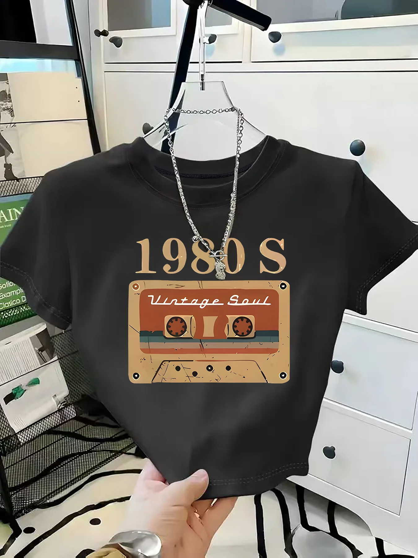Vintage Cassette Tape and 1980s Vintage Soul Print Women's Hot-selling Crop Tops Elegant Print Cropped T Shirt Women's Clothes