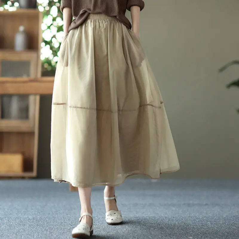 

Elegant Solid Color Spliced Gauze Folds Skirts Women's Clothing 2024 Summer New Loose Office Lady Elastic High Waist Skirts