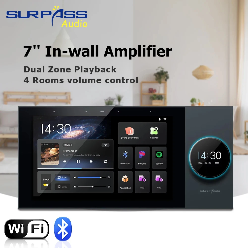 Home 4 Zone Audio Inwall Amplifier 7 Inch Android 11 Alexa Voice Tuya Smart Home Control Panel 8x30W Channel WiFi Wall Amplifier