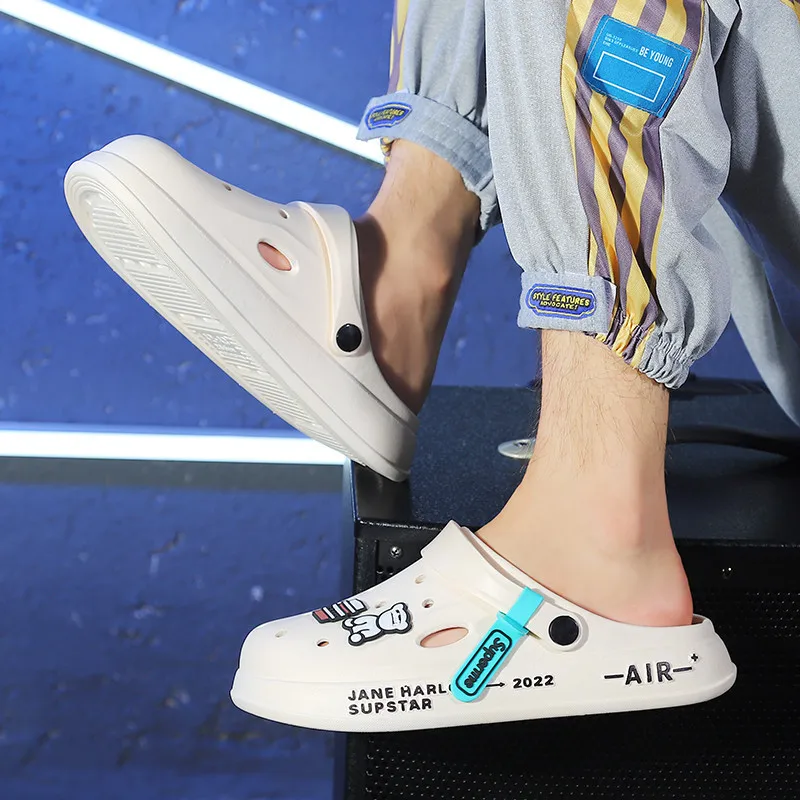 

Мужские летние тапочки-сабо с отверстиями, милые домашние нескользящие сандалии для пар, для дома и улицы, для студентов