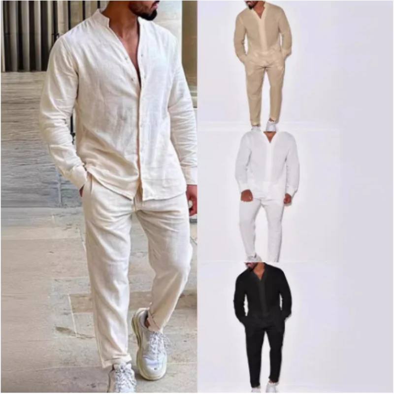 

Sports Suit Men's Linen Autumn Casual Suit Long-sleeved Fashion Workwear Trousers Foreign Trade Two-piece Set