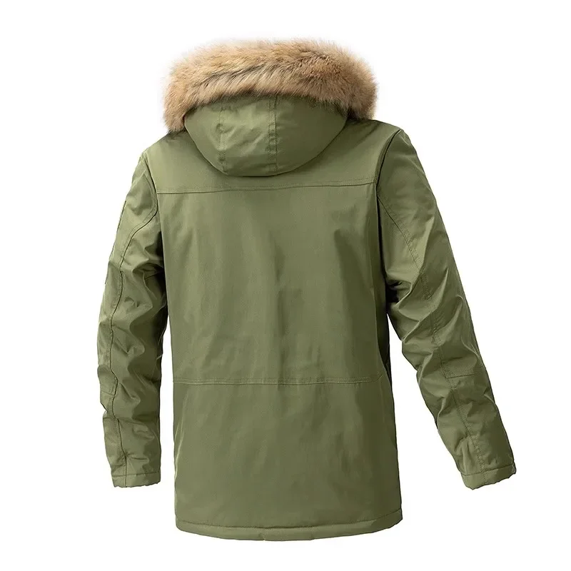 LIBIELIY New Winter Men Parkas Hooded Fleece Solid Long Coat Male Outdoor Warm Cargo Jackets Male Multi Pocket Overcoat Long Cas
