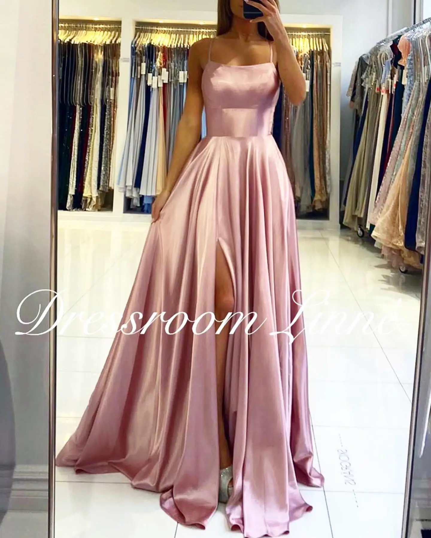 BABYONLINE Satin A-line Gown with Strappy Lace Up Back and High Skirt Slit Floor Length Wedding Bridesmaid Dresses Prom Dress