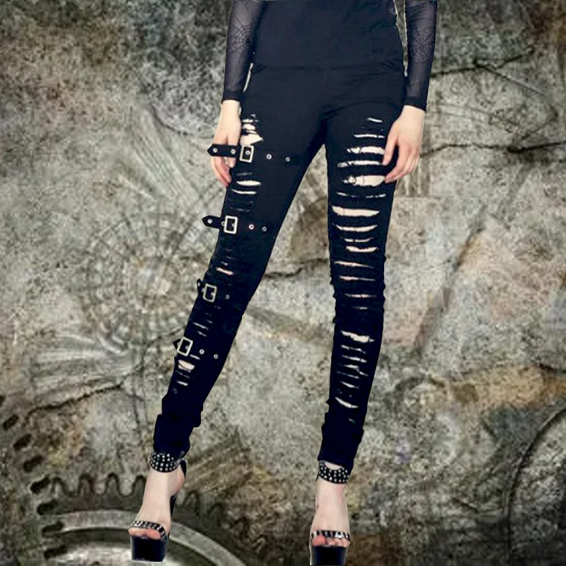 

2025 Broken hole gothic punk leg hugging pencil pants women's jeans Low waist strap women's jeans
