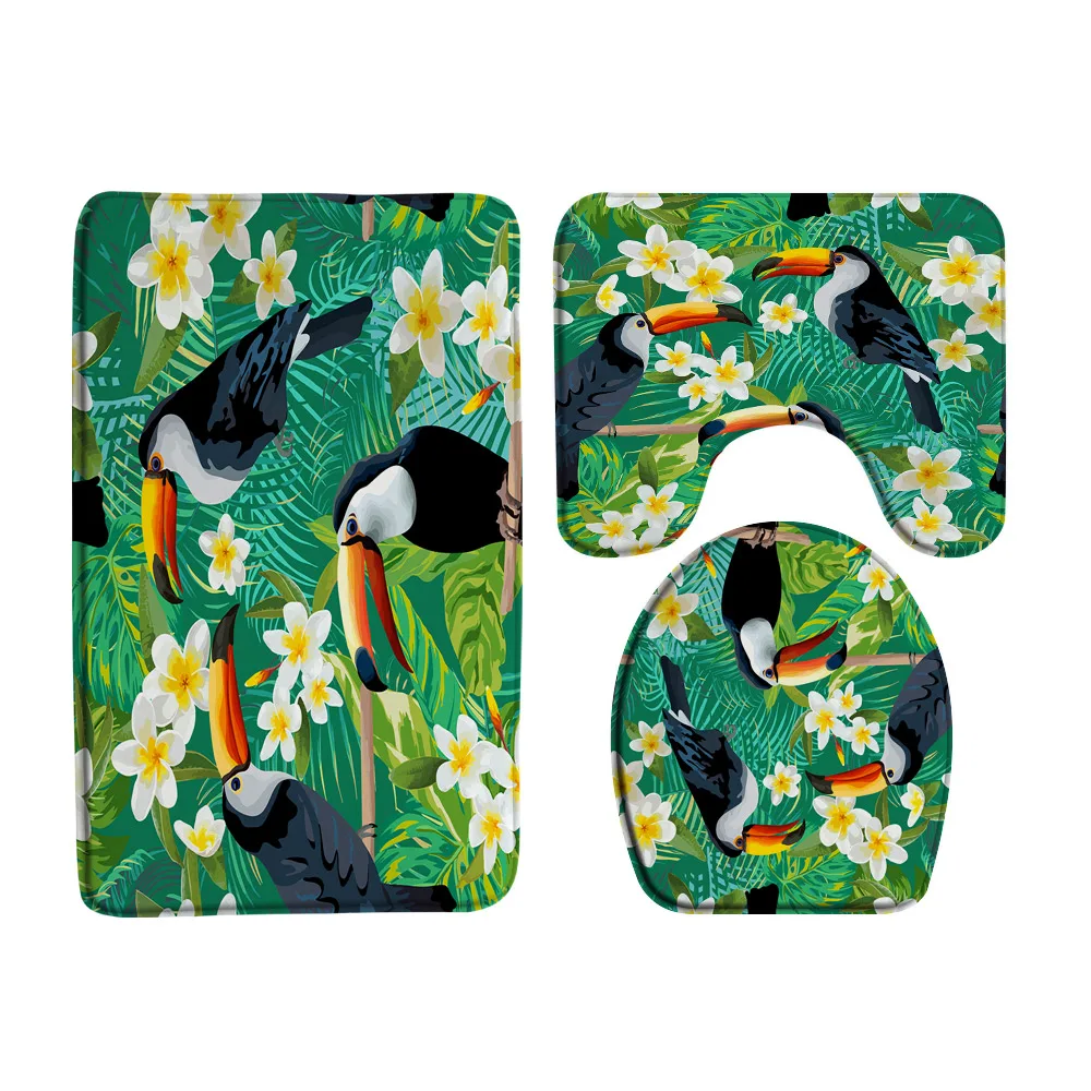 Tapete de baño de franela de microfibra absorbente, tapete de cubierta de tapa de inodoro, Toucans, loro, palmera, hojas, pájaro de la selva, decoración de baño