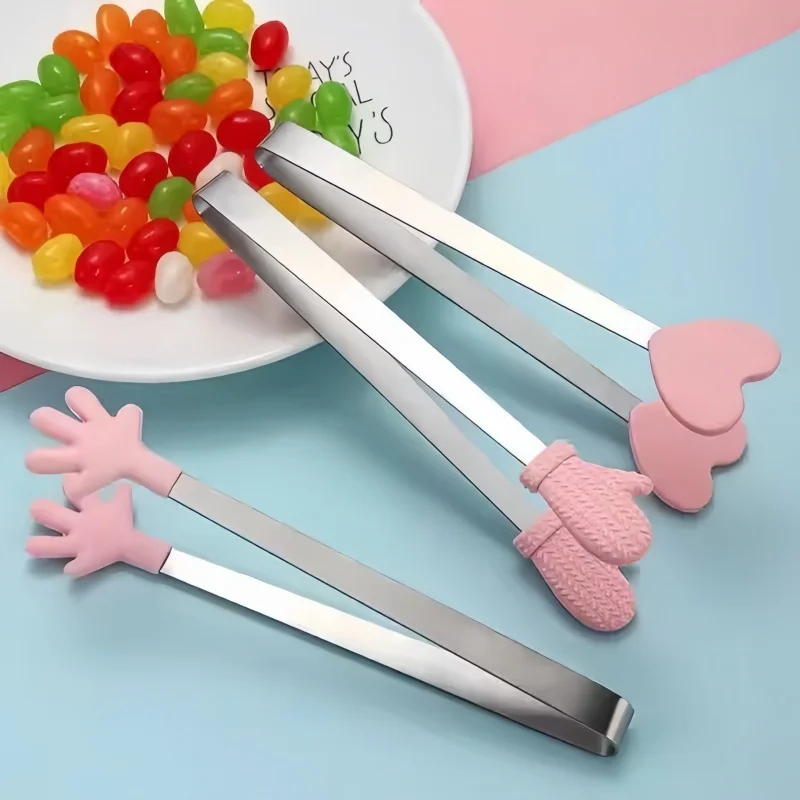 Pink Silicone Mini Tongs Set, heart palm shaped clips for dessert, ice, candy, buffet and party use