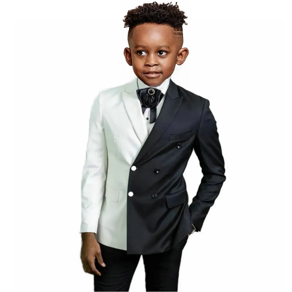 Boys Black and Red Suit Slim Fit Peaked Lapel Double Breasted 2 Piece Formal Wedding Event Tuxedo Kids Party Blazer + Pants