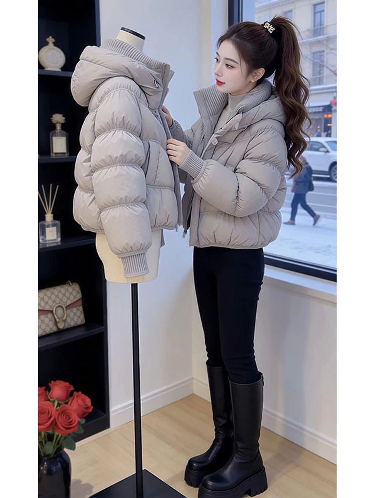 

Winter Fashion Thickened Warm Cotton Jacket Women's High-End Short Pure Color Hooded Cotton Clothes Korean Style Long Sleeve