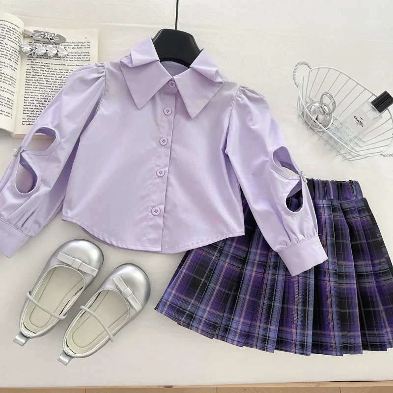 

2025Autumn New Girls' Purple Knitted Vest Shirt Short Skirt Three-Piece Set Baby Elegant