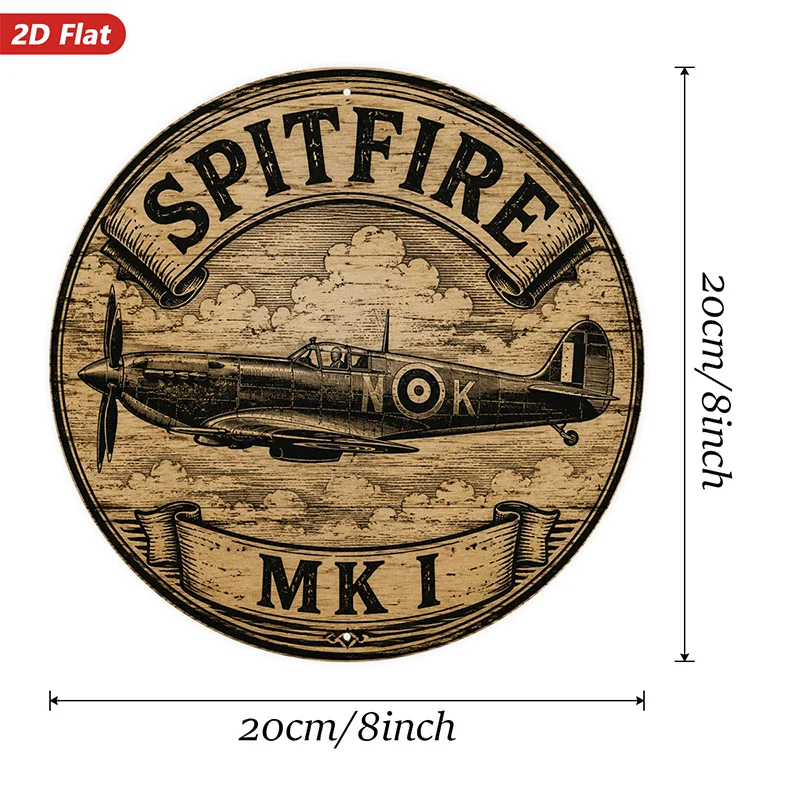 2D Flat, 1pc Spitfire Vintage Aviation Round Metal Sign Wall Art, Spitfire Fighter Plane, Mk I Markings, Side Profile Aircraft,