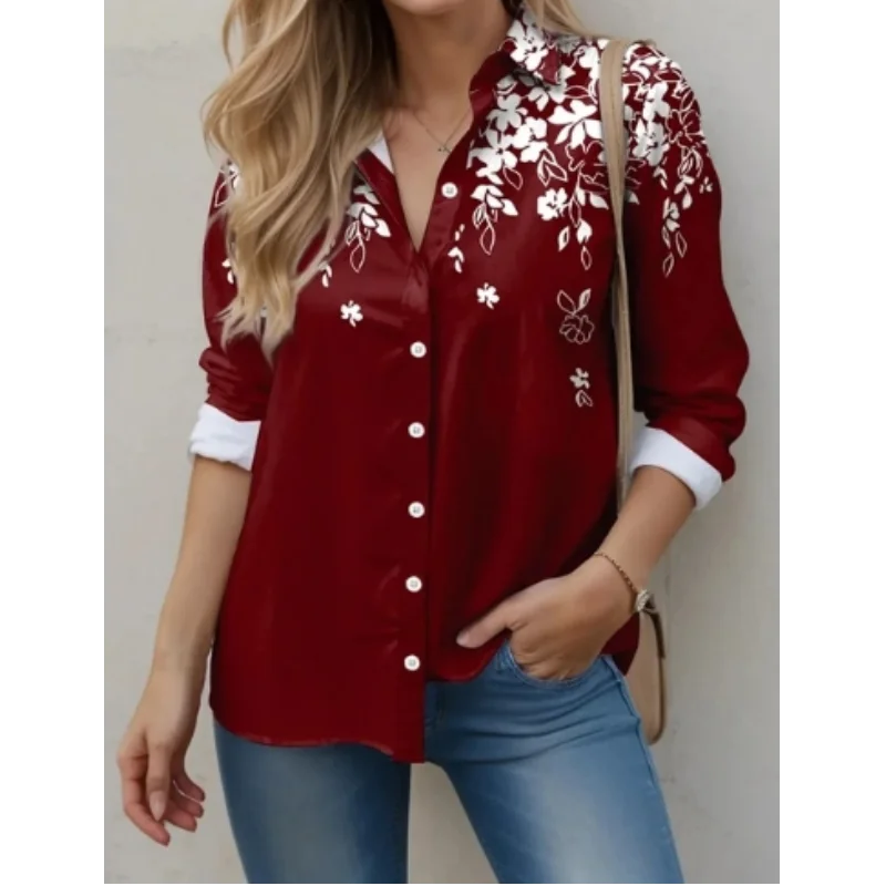 New floral branch classical elegant print digital loose comfortable cardigan women's long sleeved shirt top commuting street