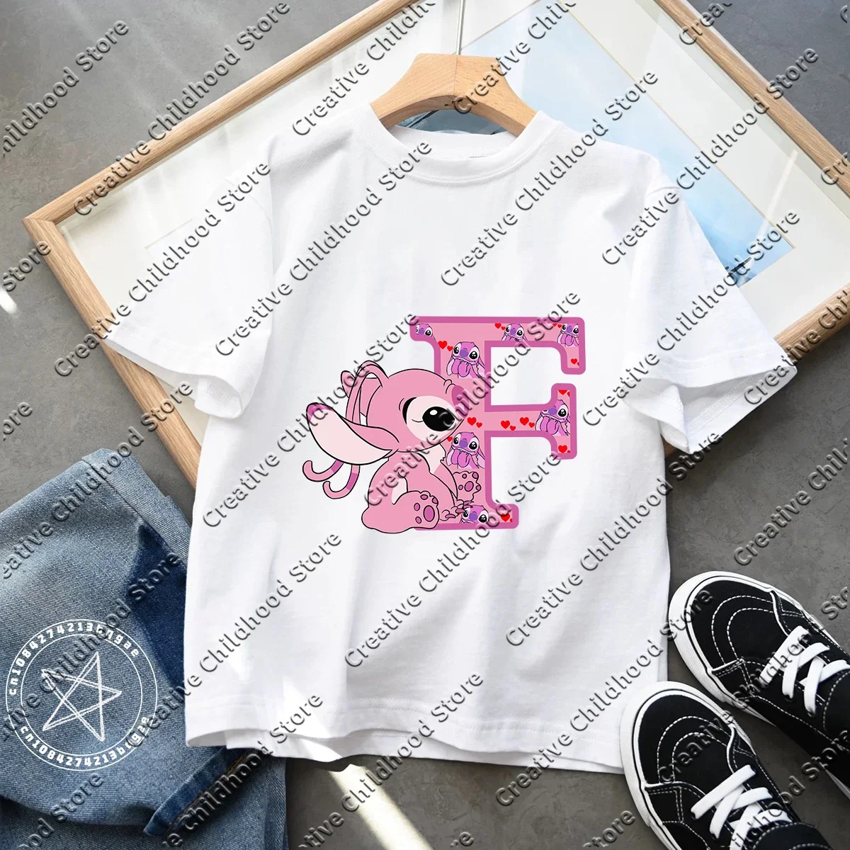 Stitch Angel Letter A B C Children T-Shirt Combination Tee Shirts Cartoons Kawaii Kid Casual Clothes Girl Boys Harajuku Top Gift