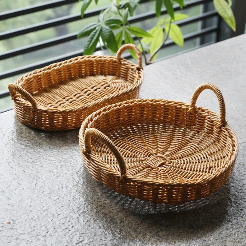 

Plastic Rattan Basket Round Food Plate Tableware Handwoven Wicker Tray Fruit Cake Snack Sundries Storage Box Kitchen Supplies