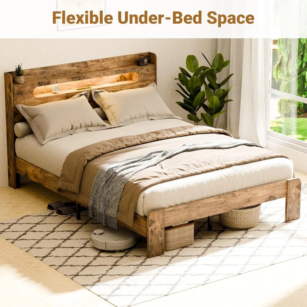 Bed Frame with LED Lights Headboard,Charging Station with 2 USB Ports 2 AC Outlets,Sturdy Wood Framework,Edge Rectangular Slot