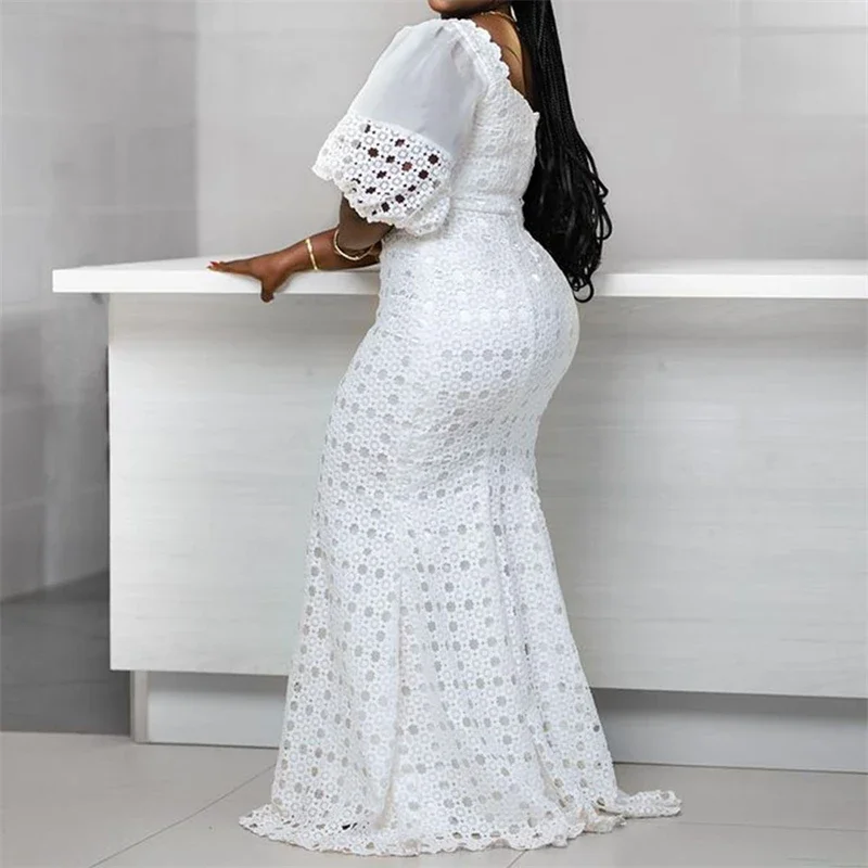 White Women Dress Bodycon Long Maxi Robe African High Waist Trumpet Femme Vestiods Plus Size Dresses S-5XL