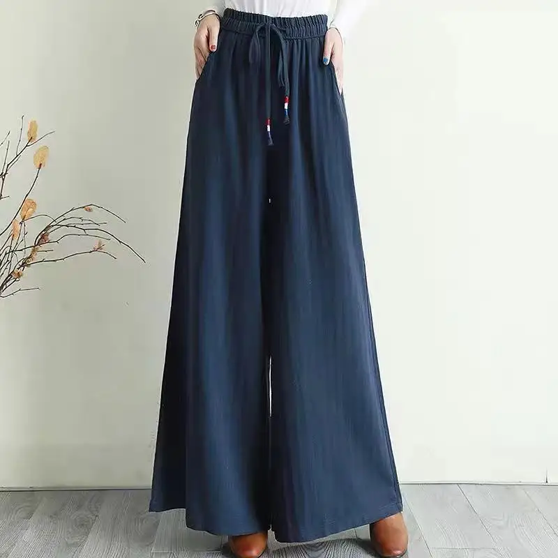 Retro Literary Pure Cotton Wide-leg Pants Spring and Summer New Versatile Drawstring Elastic Waist Loose Slim Casual Trousers