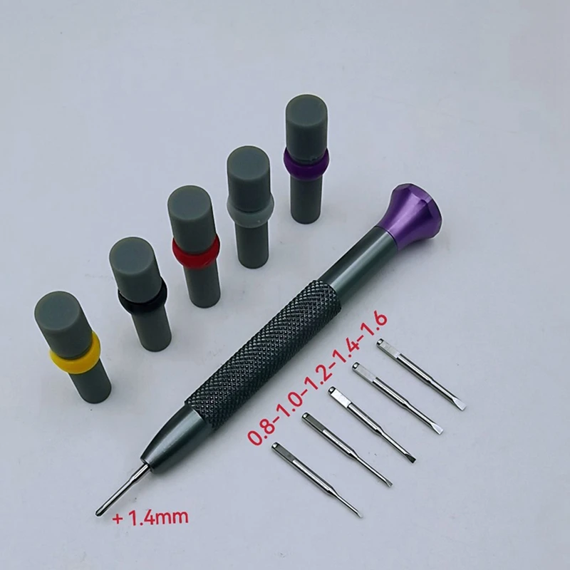 AA01-Set di cacciaviti per orologi Manico spesso ad alta durezza Strumento di riparazione per orologi in acciaio ad alta velocità con 5 punte per viti 0,8 mm-1,6 mm + 1,4 mm