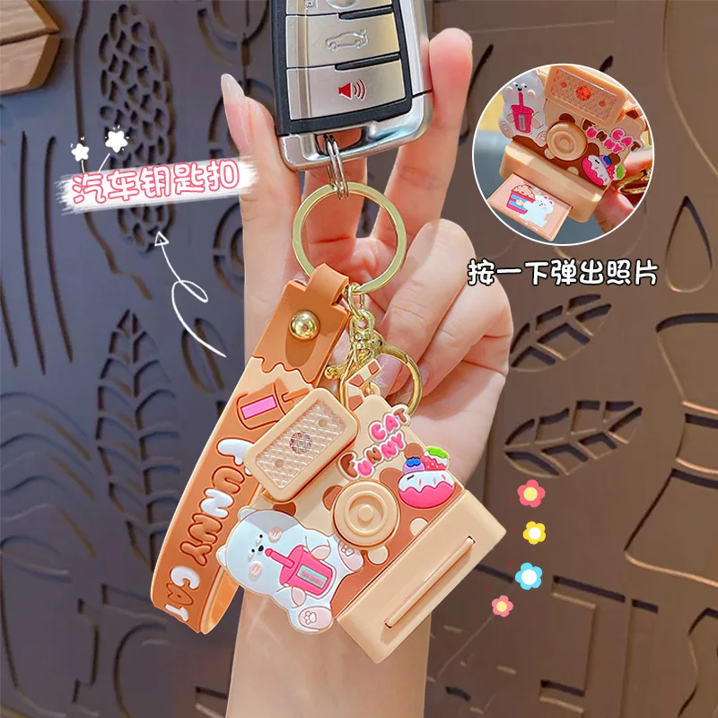 Cartoon Milk Tea Bear Camera Keychain Creative LED Light Keyring Car  Backpack Pendant Key Holder Decoration For Kids Gift