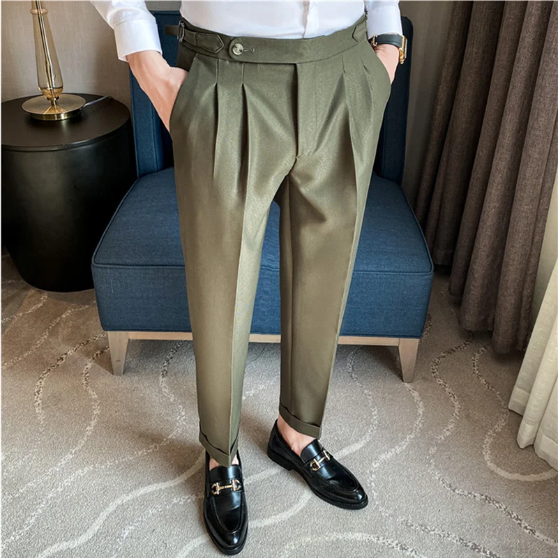 British Style Men High Waist Casual Business Dress Pants Streetwear 2024 New Fashion Social Belt Decoration Slim Fit Suit Pants