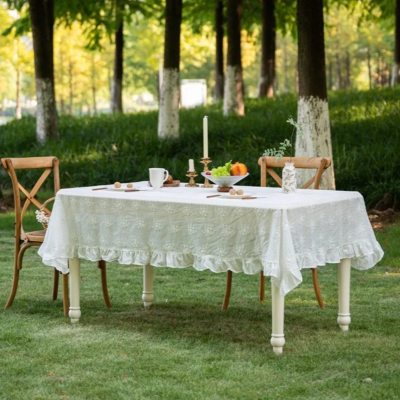 

Французская кружевная скатерть из чистого хлопка, трехмерная белая вышитая скатерть с листьями лотоса, чайная скатерть, украшение для обеденной скатерти
