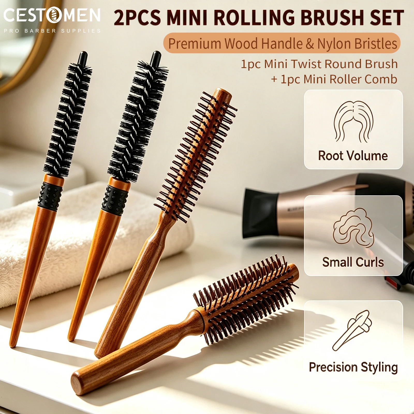 2-teiliges Pro Mini Holz-Rollkamm-Set, Twist-Rundkamm, Salon-Lockenbürste für Volumen-Styling, Friseurwerkzeuge – Detail 2