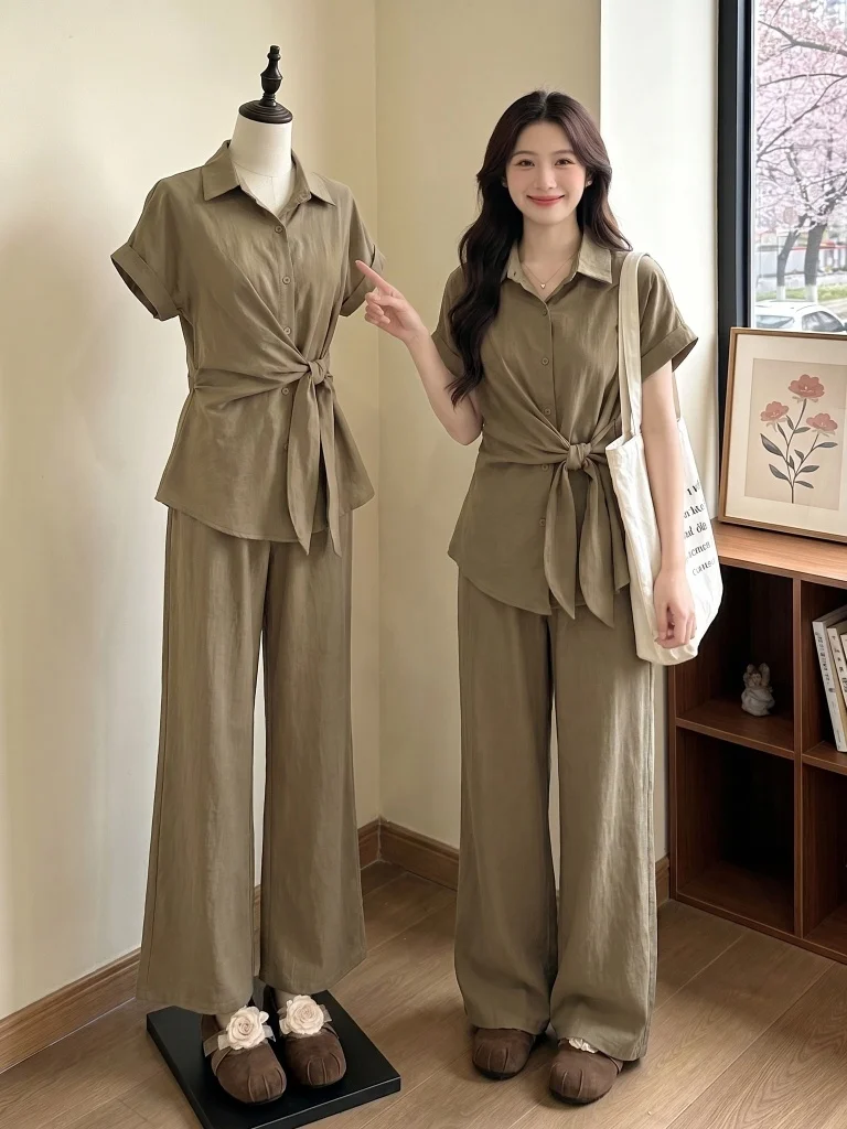 plus Size Women's Khaki Shirt Wide Leg Pants Waist Cinched Two Piece Set Summer Fashion Ensemble Old Money Style Casual Wear
