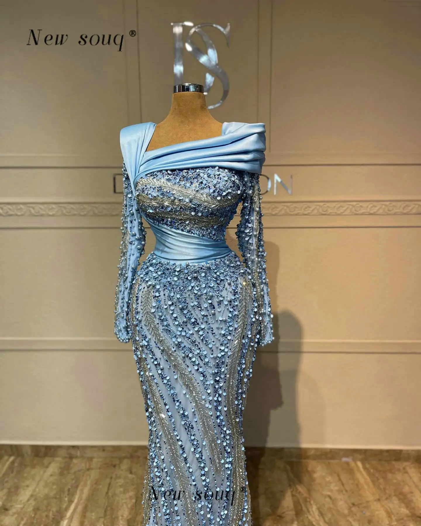 Elegant Baby Blue Long Sleeves Evening Dresses for Women 2024 Pearls Beaded Sparkly Formal Wedding Party Gowns Customized