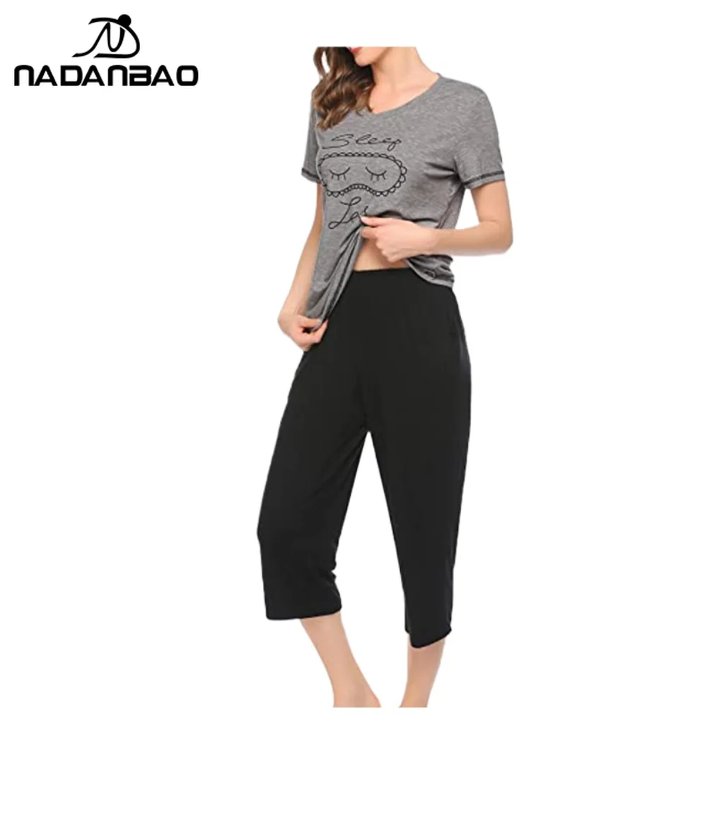 Nadanbao Set Piyama Dua Potong Musim Panas Kaus Kerah V Lengan Pendek Wanita Celana Kasual Pakaian Tidur Kasual Pakaian Pesta Piyama