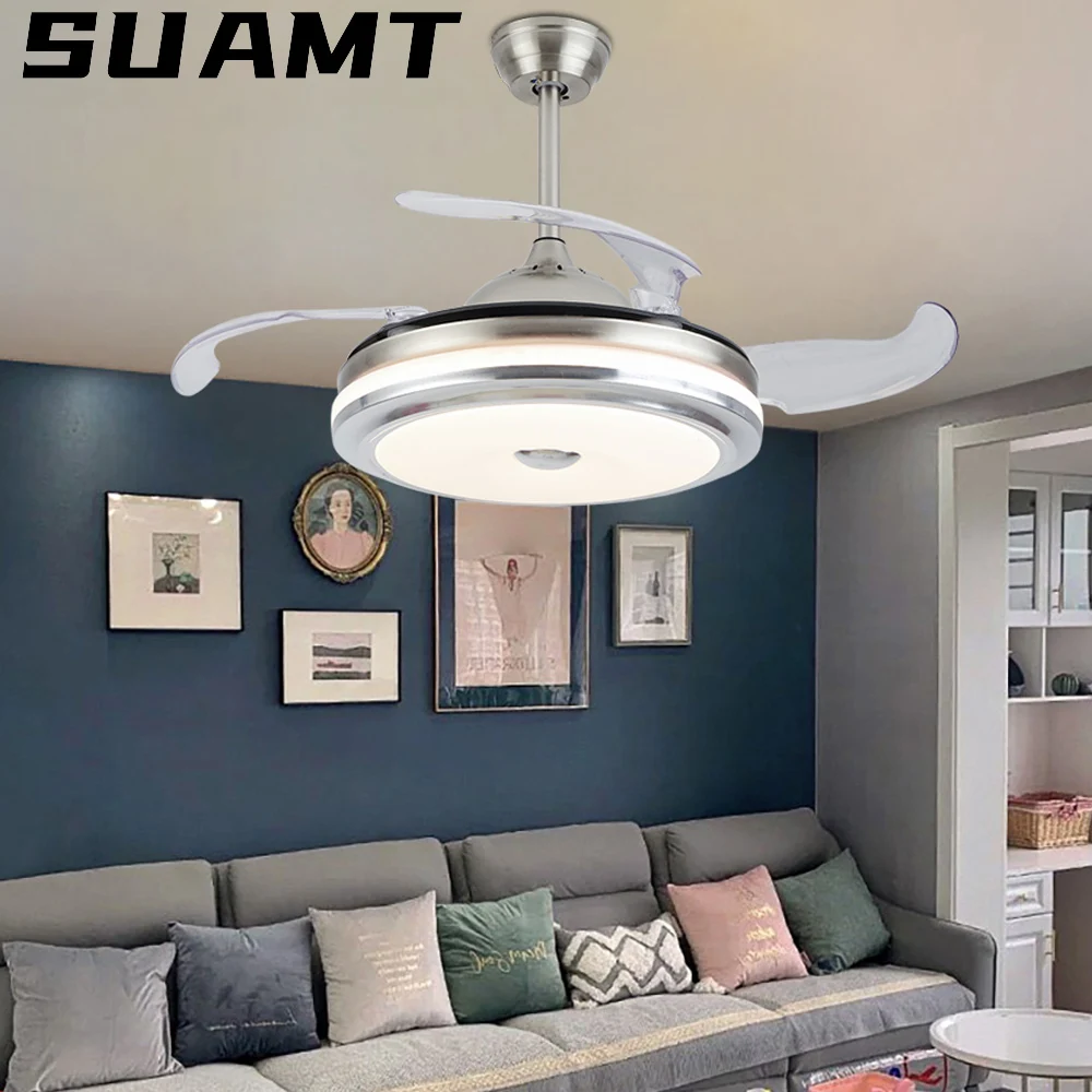 

42" Retractable Ceiling Fan with Lights Modern Ceiling Fan with Retractable Blades Silent Motor, 3 Light Color Change Chandelier