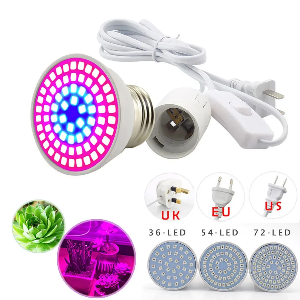 LED Plant Grow Light for Indoor Greenhouse, 36/54/72 LEDs, E27 AC Cable Set - Hydro Vegetable Flower Phyto Lamp