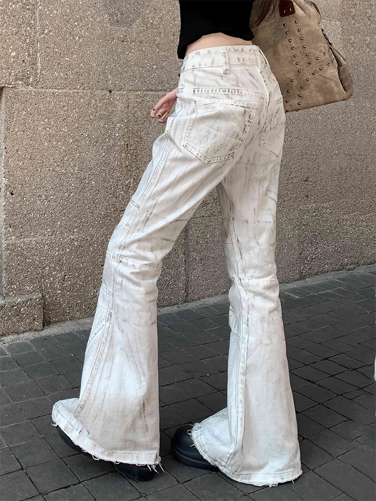 Spring Dusty White Women Flared Jeans Vintage Stitch Raw Edge Distressed Slim Low Waist Bootcut Pants Trendy Y2k Bell Bottoms