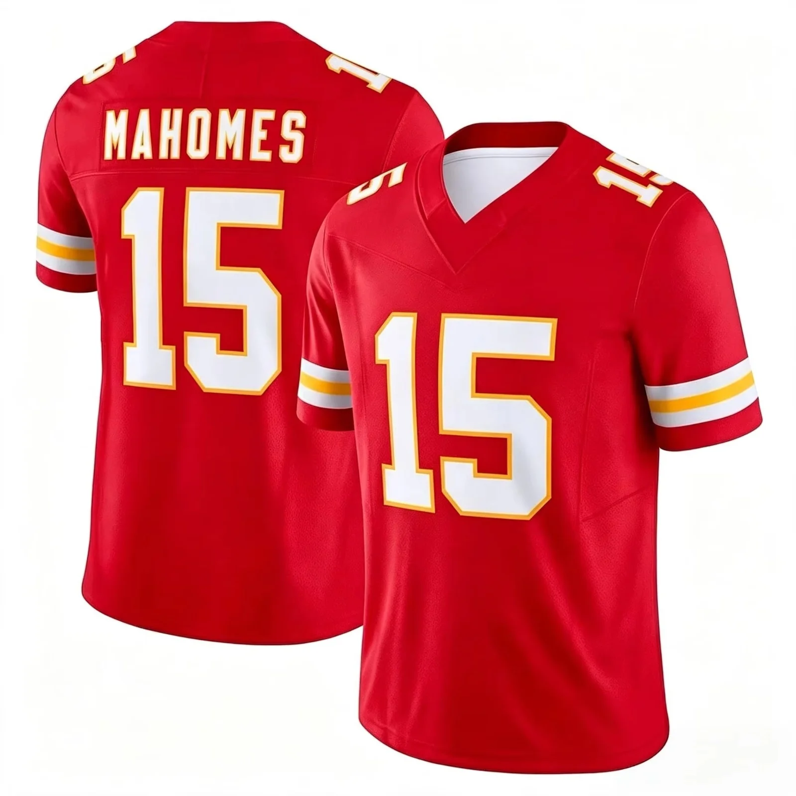 Men 15 Mahomes Red Home Football Jersey  Red Gold Striped Cuff V Neck Short Sleeve Breathable Fan Sports Uniform Family Matching