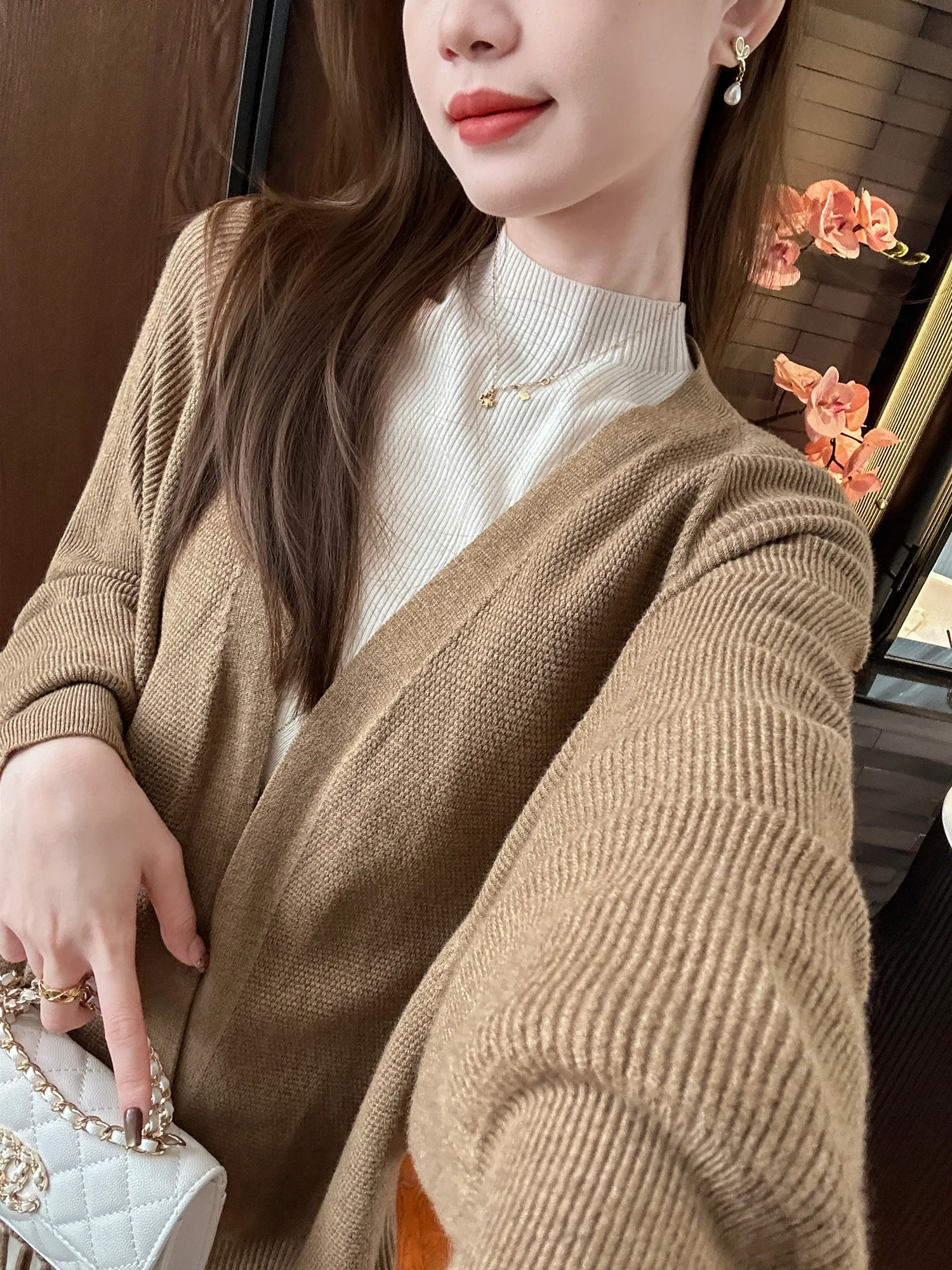 

Женский вязаный кардиган Ele Coffee Tassel с V-образным вырезом, мягкий, повседневный, удобный, дышащий, свободного кроя