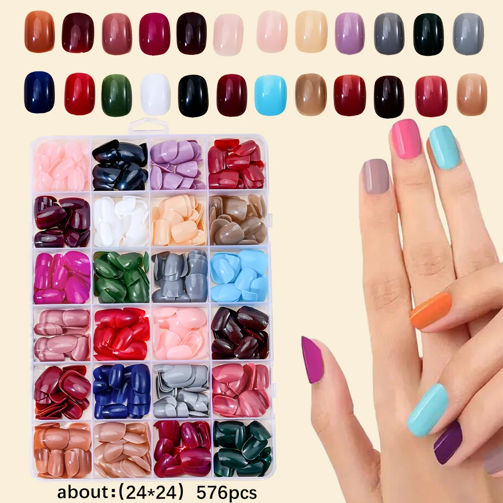 24 couleurs 576 pièces paillettes courtes rondes presse sur les ongles mat et brillant couverture complète faux ongles conseils Simple pointe française faux bout des doigts Boxe