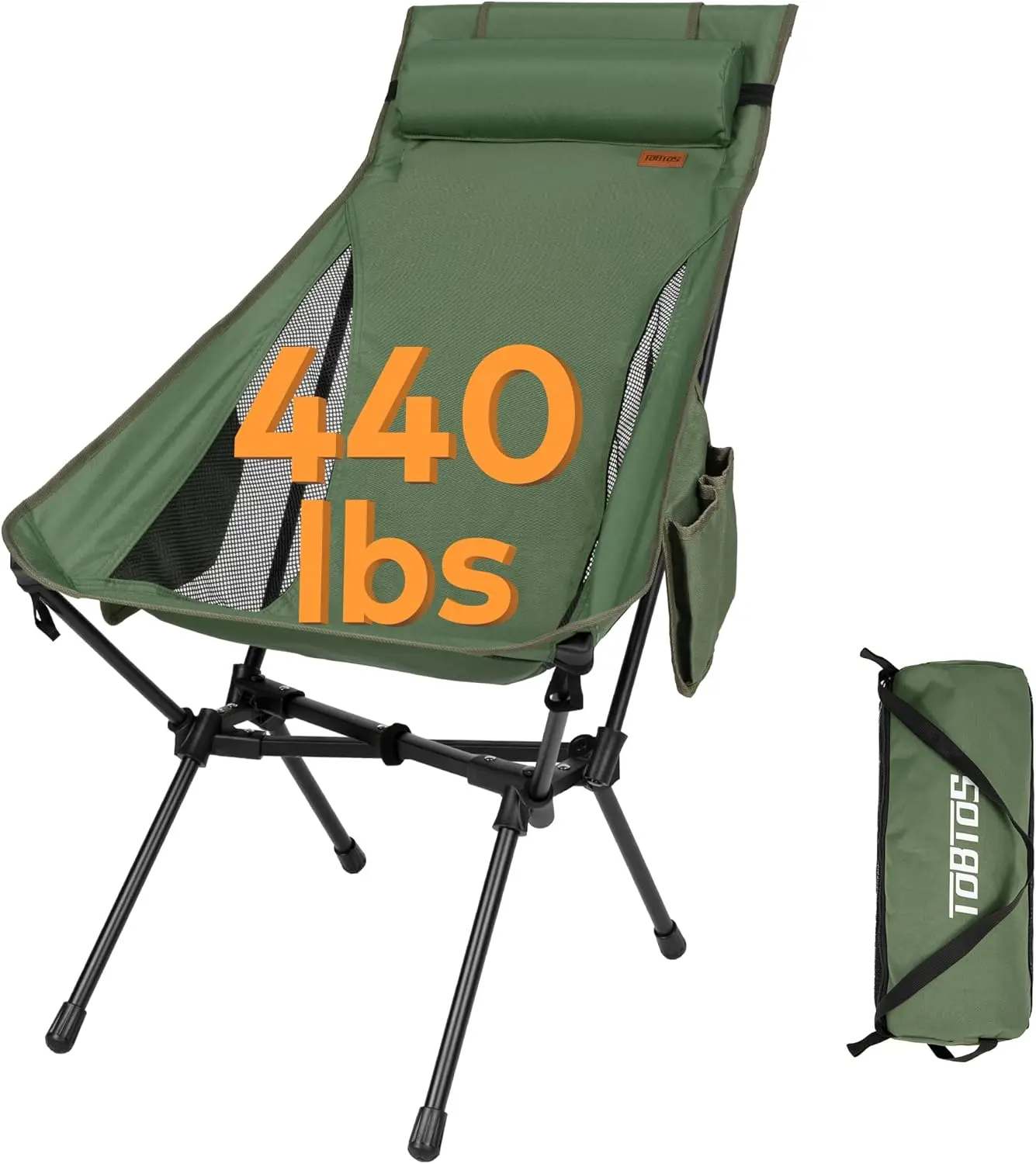 

Portable High Back Camping Chair, Heavy Duty 440 lbs, Compact Folding with Detachable Pillow for Outdoor Adventures
