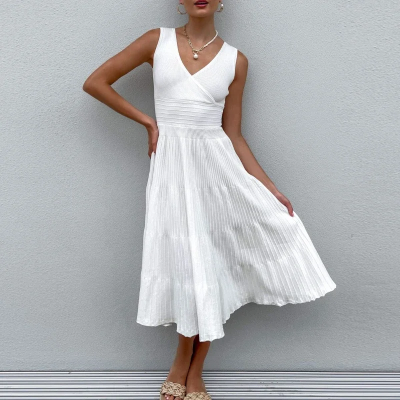 DINADD Stricken Gefaltetes Langes Kleid Für Frauen V-ausschnitt Ärmelloses Hohe Taille Kleid Weibliche Solide Büro Dame Mode A-Line Kleid