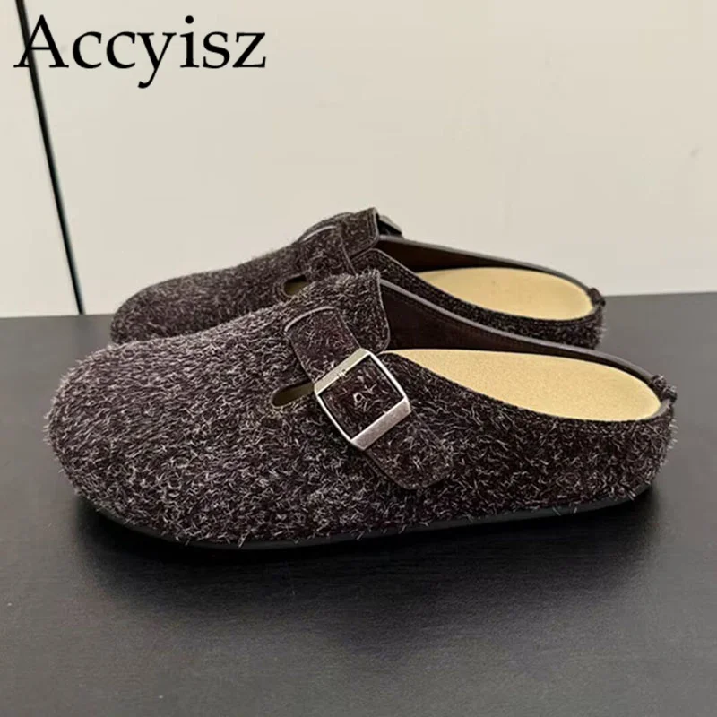 

Spring Autumn Closed Toe Suede Half Slippers Women's Thick Bottom Belt Buckle Casual Sandals Solid Color Flat Lazy Mules Shoes