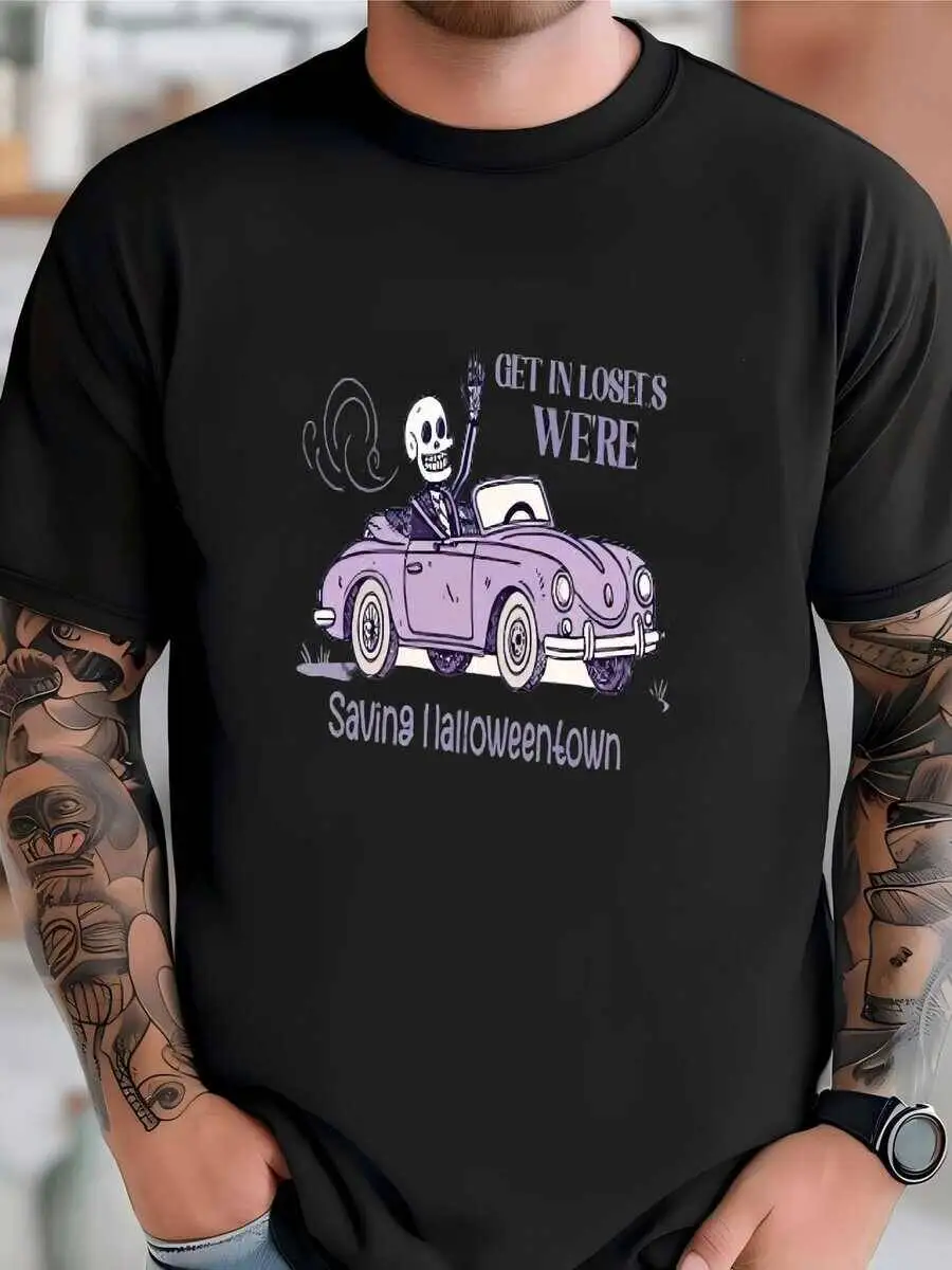 Mens Skeleton Taxi Tee: Spooky Season Fall Shirt T-Shirt 100% Cotton Trendy Y2K Short-Sleeve Tee-Soft, Quick-Drying,