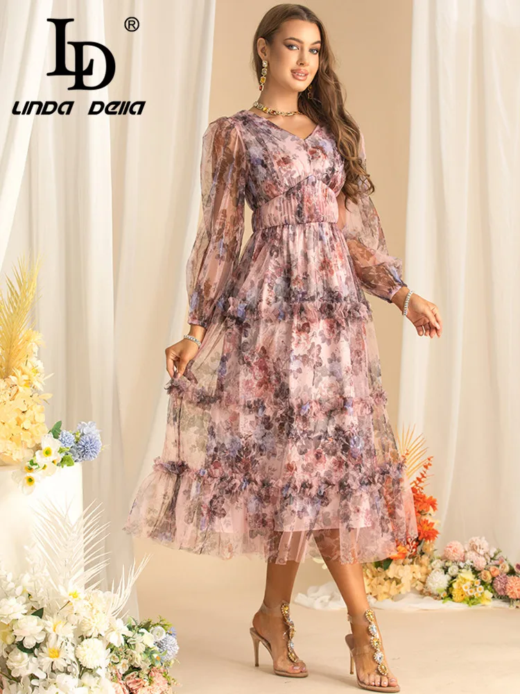 LD LINDA DELLA Autumn New style Women\'s Ball Gown Dress Lantern Sleeve Edible Tree Fungus Edge Mesh Vintage Print Party Dresses