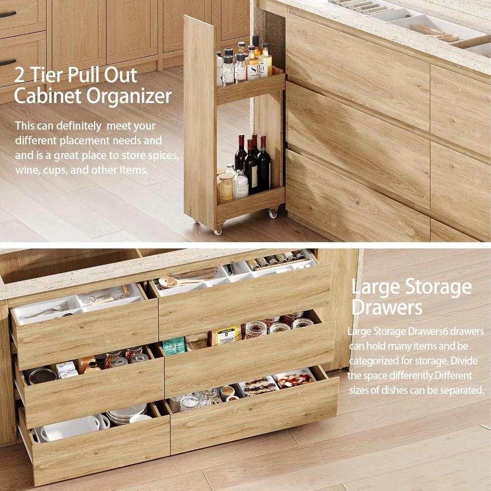 جزيرة مطبخ على سطح الطاولة بطبقة مزدوجة مع خزانة تخزين وأرفف قابلة للتعديل، تتميز بـ 6 أدراج