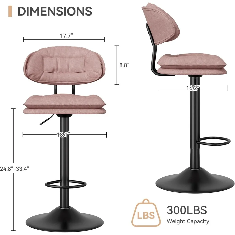 مجموعة مقاعد بار مكونة من 2، مقاعد بارتفاع دوارة حديثة قابلة للتعديل لجزيرة المطبخ، كراسي بار منجدة بطبقة مزدوجة مع