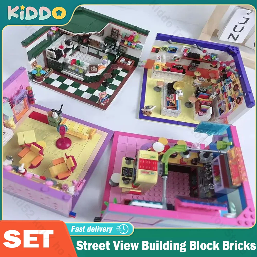 City Street View Building Block Bricks Coffee Shop Record Shop Bar Hair Salon Particle Assembly DIY Model Toys for Kids Gifts