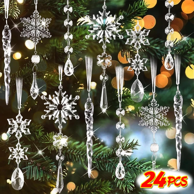 Acrylic Christmas Pendants Crystal Clear Snowflake Icicle Xmas Tree Hanging Pendant Ornaments New Year Home Party Decoration